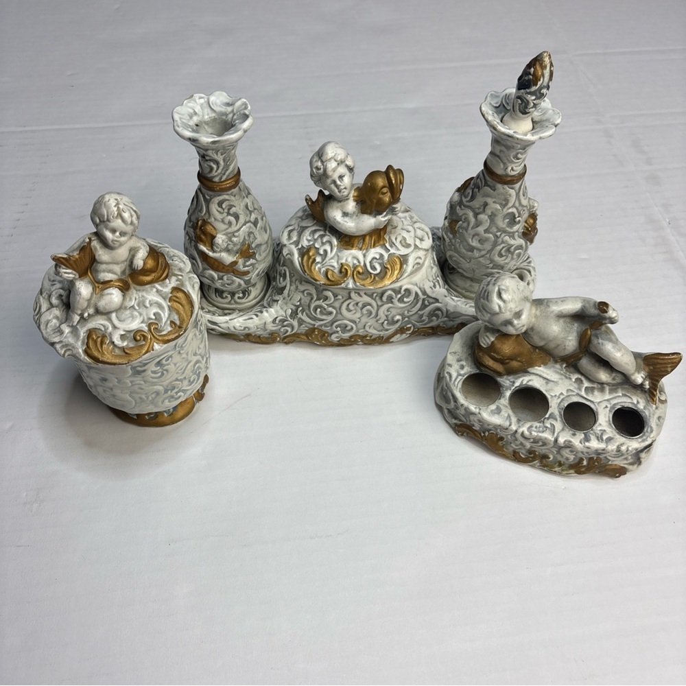 Vintage Acson Japan Cherub Vanity Bathroom Set Ceramic Mid-Century Gold Accents